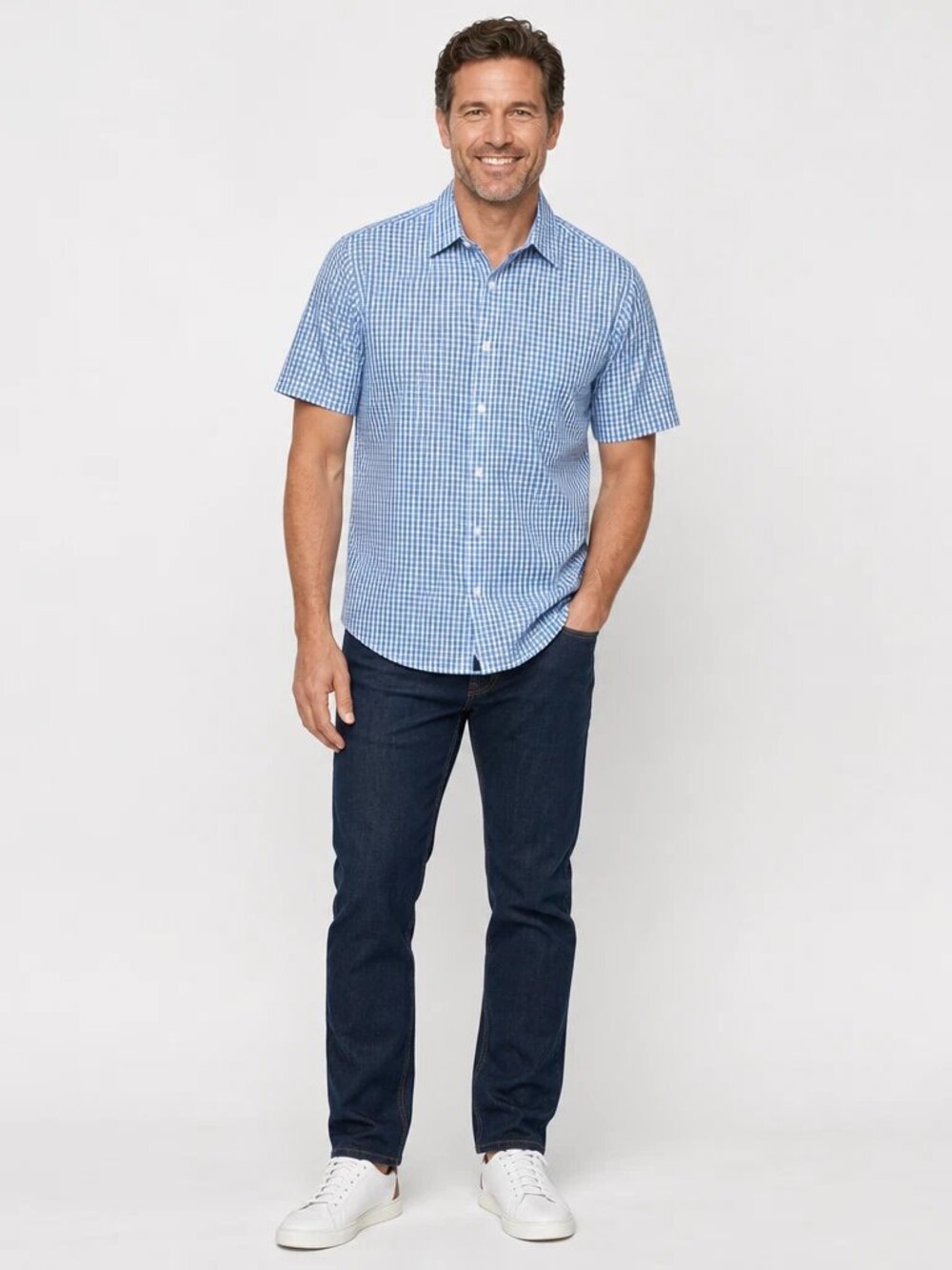 UNTUCKit Dante WF Shirt Men M Blue White Check Wrinkle Free Short Sleeve